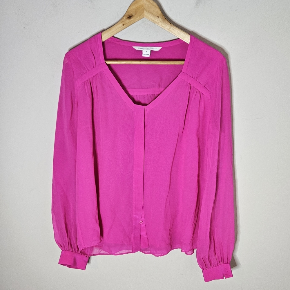 Diane Von Furstenburg Pink Silk Long Sleeve Blouse Button Front 8 Women's